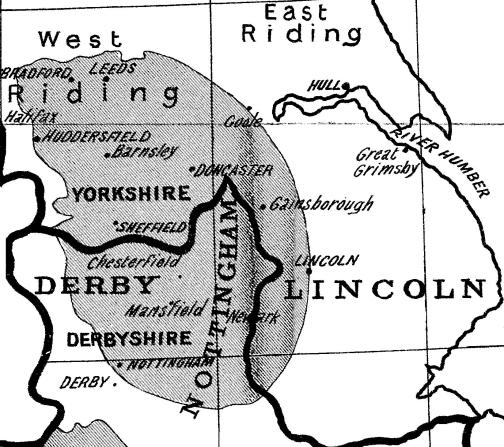 Sketch map of the coalfield in Yorkshire, Derbyshire and Nottinghamshire (derived from map in Merivale, J.H. (ed.) Colliery Manager's Pocket Book, Almanac and Diary for the year 1898, London: Hutchings, 1898